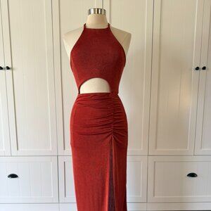 Boutique Rust Halter Cut-Out Ruched Maxi Dress